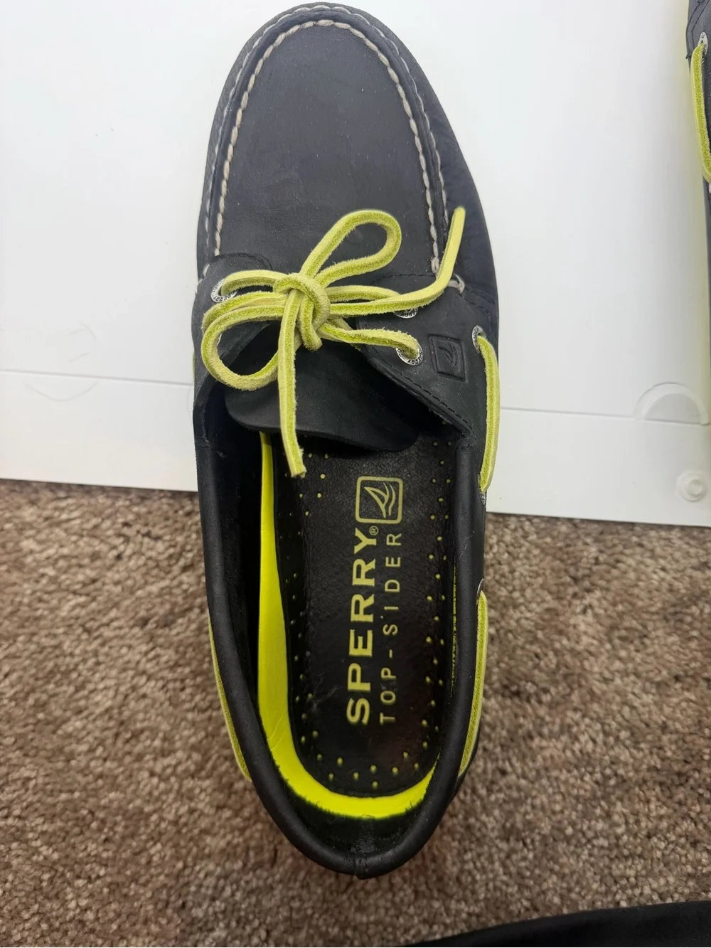 Sperry Men’s Black Boat Shoes with Neon Yellow Accents